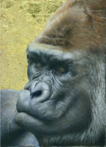 A dignified gorilla portrayed in oil against a hand-applied gold leaf background, exuding quiet strength and introspection