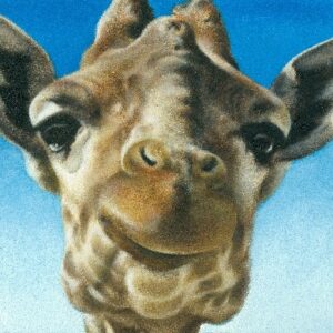 Peinture de girafe à l’huile montrant une girafe au regard doux sous un ciel bleu, pleine de chaleur.